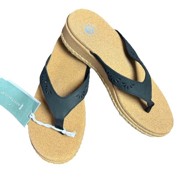Revitalign Orthotic Leather Wedge Thong Sandals Kate Women’s Size 9B Black Tan - Picture 1 of 10
